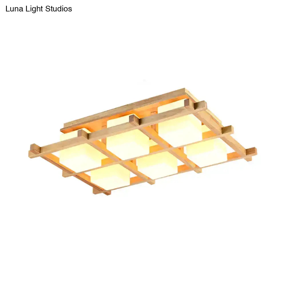 Modern Wood Grid Semi Flush Mount Ceiling Light With 4/6/9 Milk Glass Heads In Beige