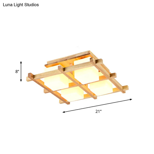 Modern Wood Grid Semi Flush Mount Ceiling Light With 4/6/9 Milk Glass Heads In Beige