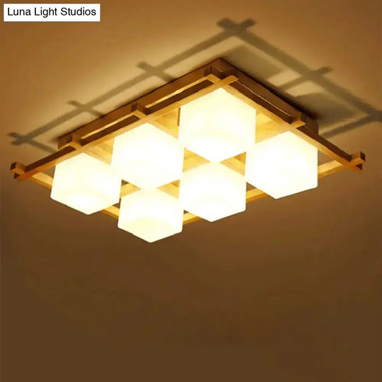 Modern Wood Grid Semi Flush Mount Ceiling Light With 4/6/9 Milk Glass Heads In Beige