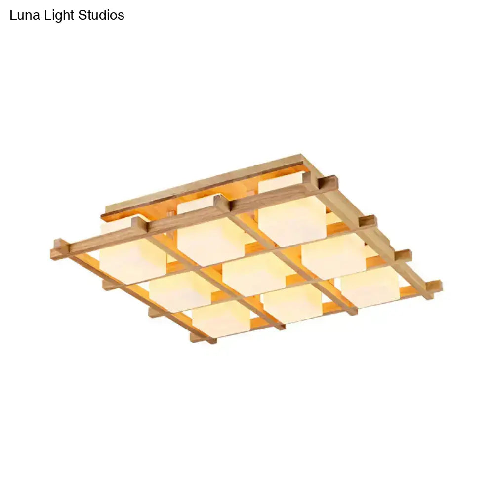 Modern Wood Grid Semi Flush Mount Ceiling Light With 4/6/9 Milk Glass Heads In Beige