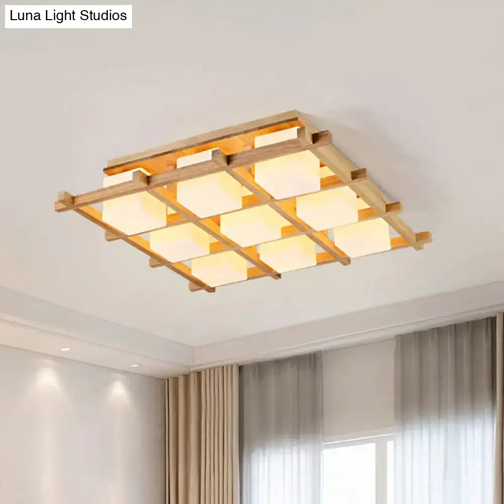 Modern Wood Grid Semi Flush Mount Ceiling Light With 4/6/9 Milk Glass Heads In Beige