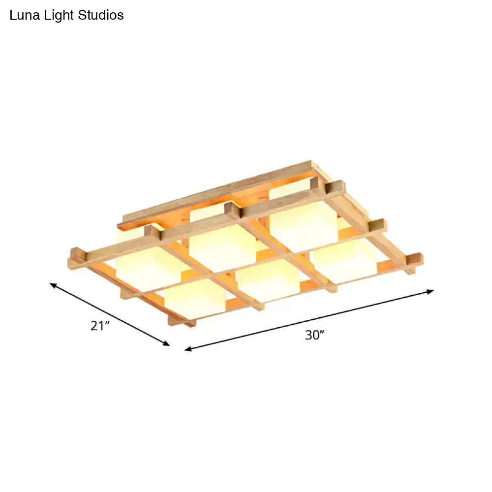 Modern Wood Grid Semi Flush Mount Ceiling Light With 4/6/9 Milk Glass Heads In Beige