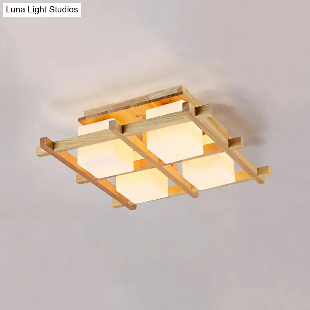 Modern Wood Grid Semi Flush Mount Ceiling Light With 4/6/9 Milk Glass Heads In Beige