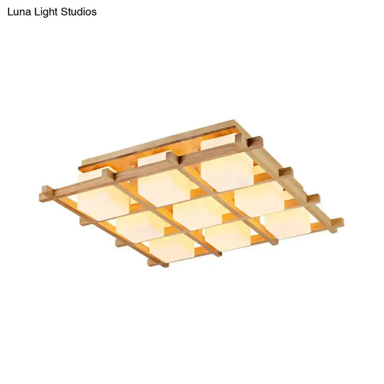 Modern Wood Grid Semi Flush Mount Ceiling Light With 4/6/9 Milk Glass Heads In Beige