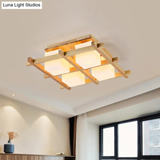 Modern Wood Grid Semi Flush Mount Ceiling Light With 4/6/9 Milk Glass Heads In Beige 4 /