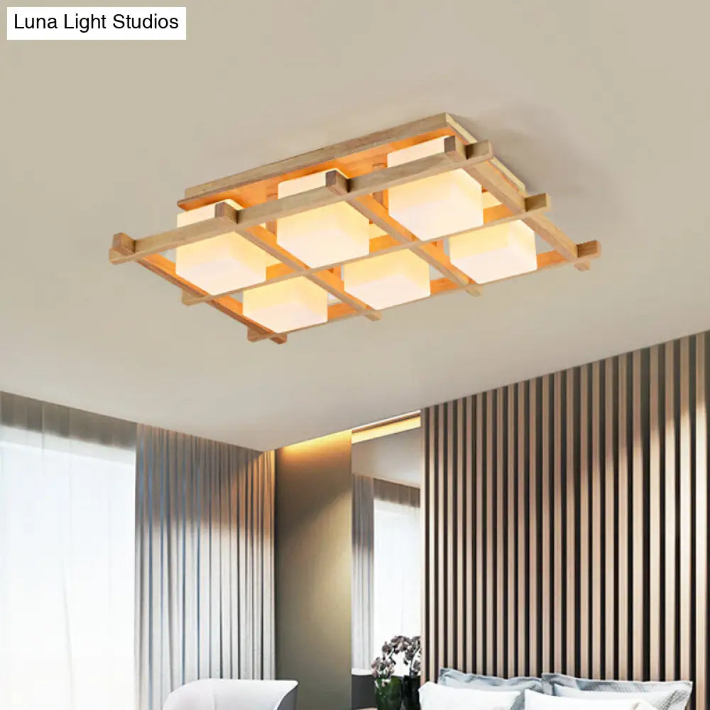Modern Wood Grid Semi Flush Mount Ceiling Light With 4/6/9 Milk Glass Heads In Beige