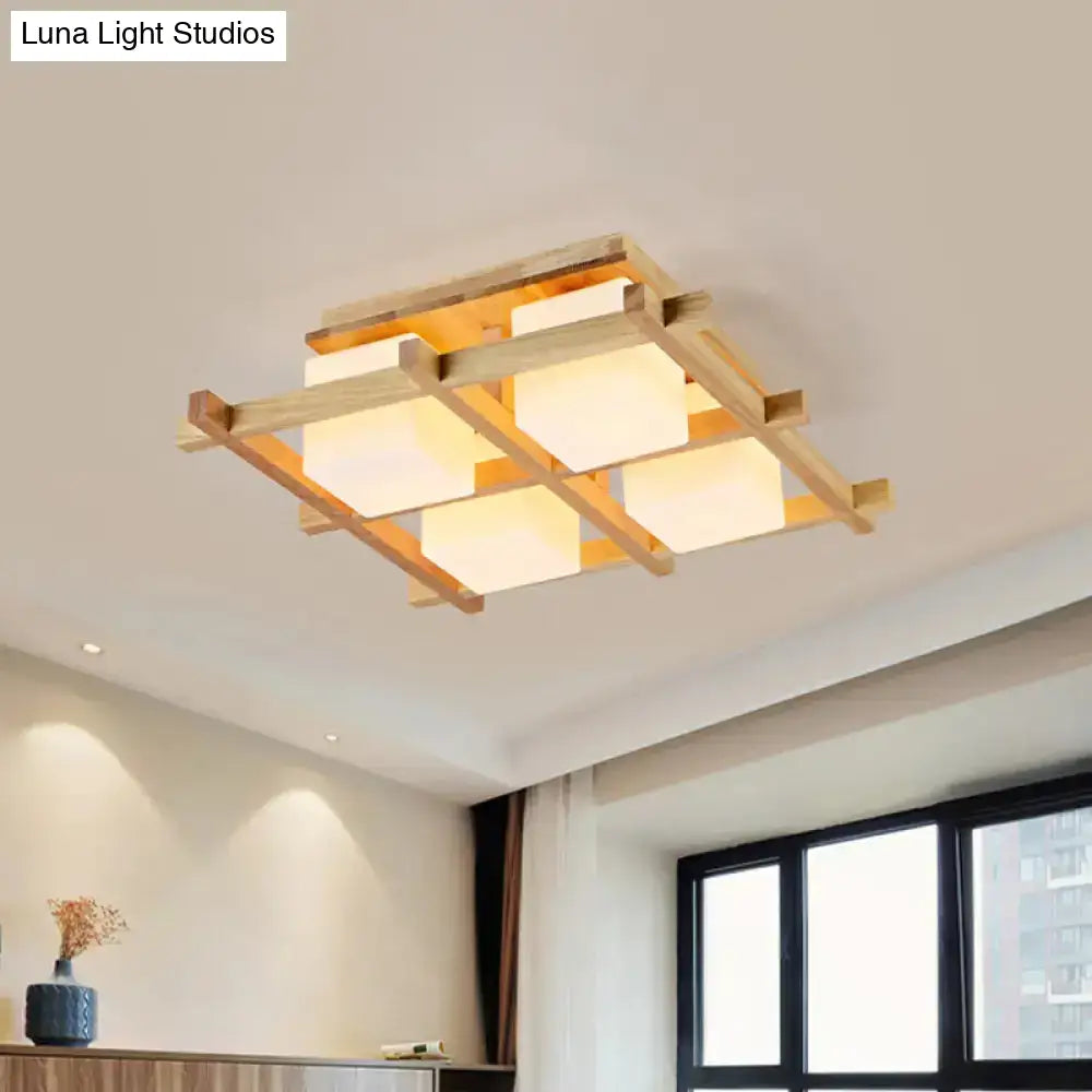 Modern Wood Grid Semi Flush Mount Ceiling Light With 4/6/9 Milk Glass Heads In Beige