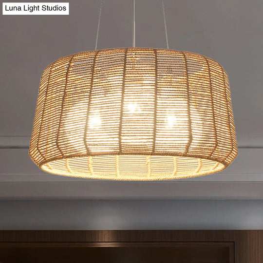 Modern Wood Hanging Pendant Lamp - Rope Drum/Teardrop Design For Living Room