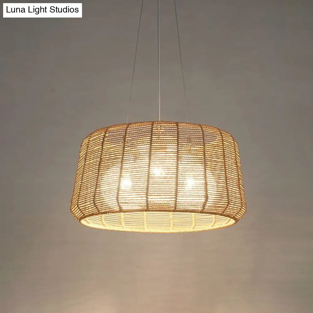 Modern Wood Hanging Pendant Lamp - Rope Drum/Teardrop Design For Living Room