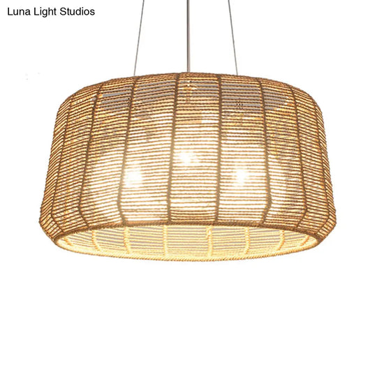 Modern Wood Hanging Pendant Lamp - Rope Drum/Teardrop Design For Living Room