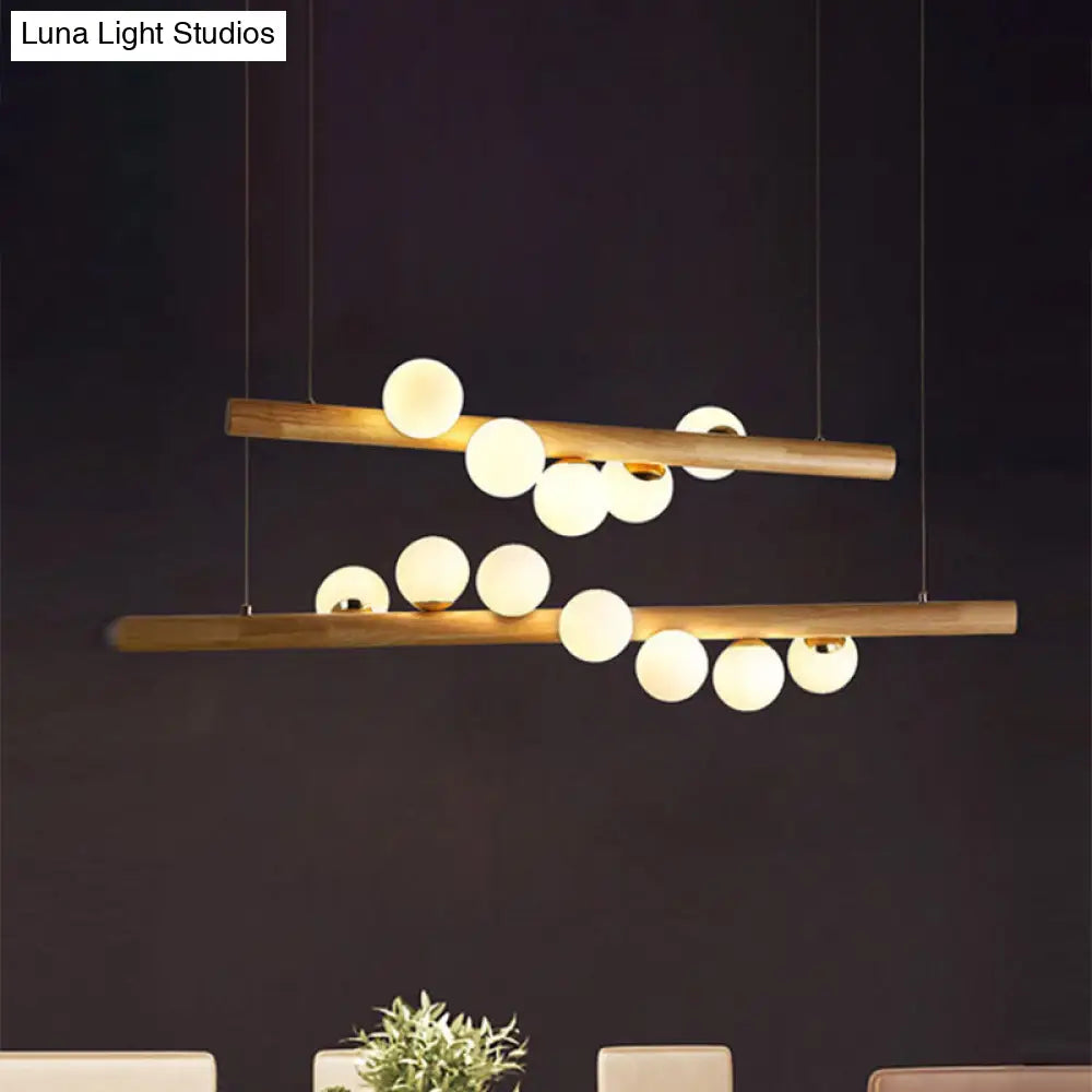 Modern Wood Island Light With Spherical Shade - Opal Glass Ceiling Lamp (5/7 Lights) For Dining Room