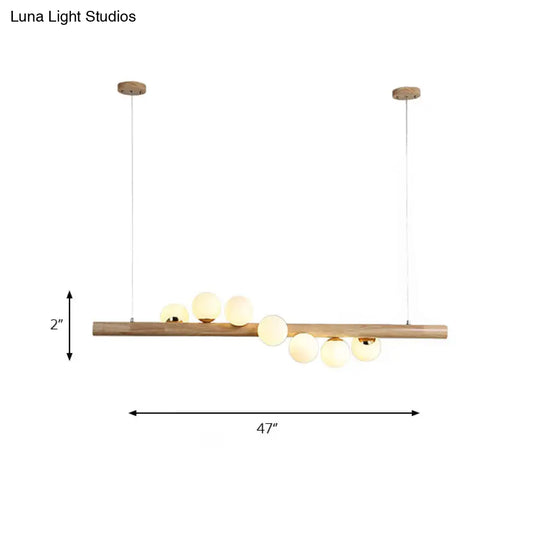 Modern Wood Island Light With Spherical Shade - Opal Glass Ceiling Lamp (5/7 Lights) For Dining Room