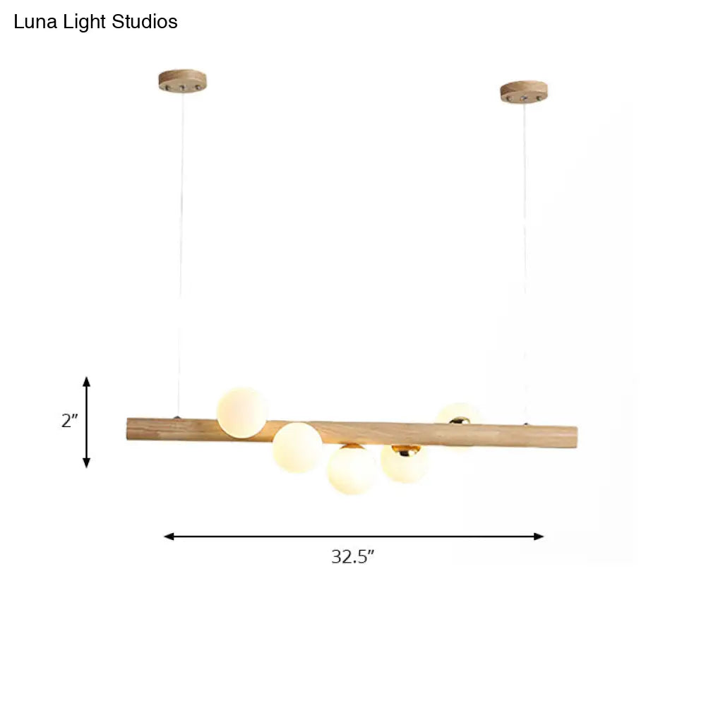 Modern Wood Island Light With Spherical Shade - Opal Glass Ceiling Lamp (5/7 Lights) For Dining Room