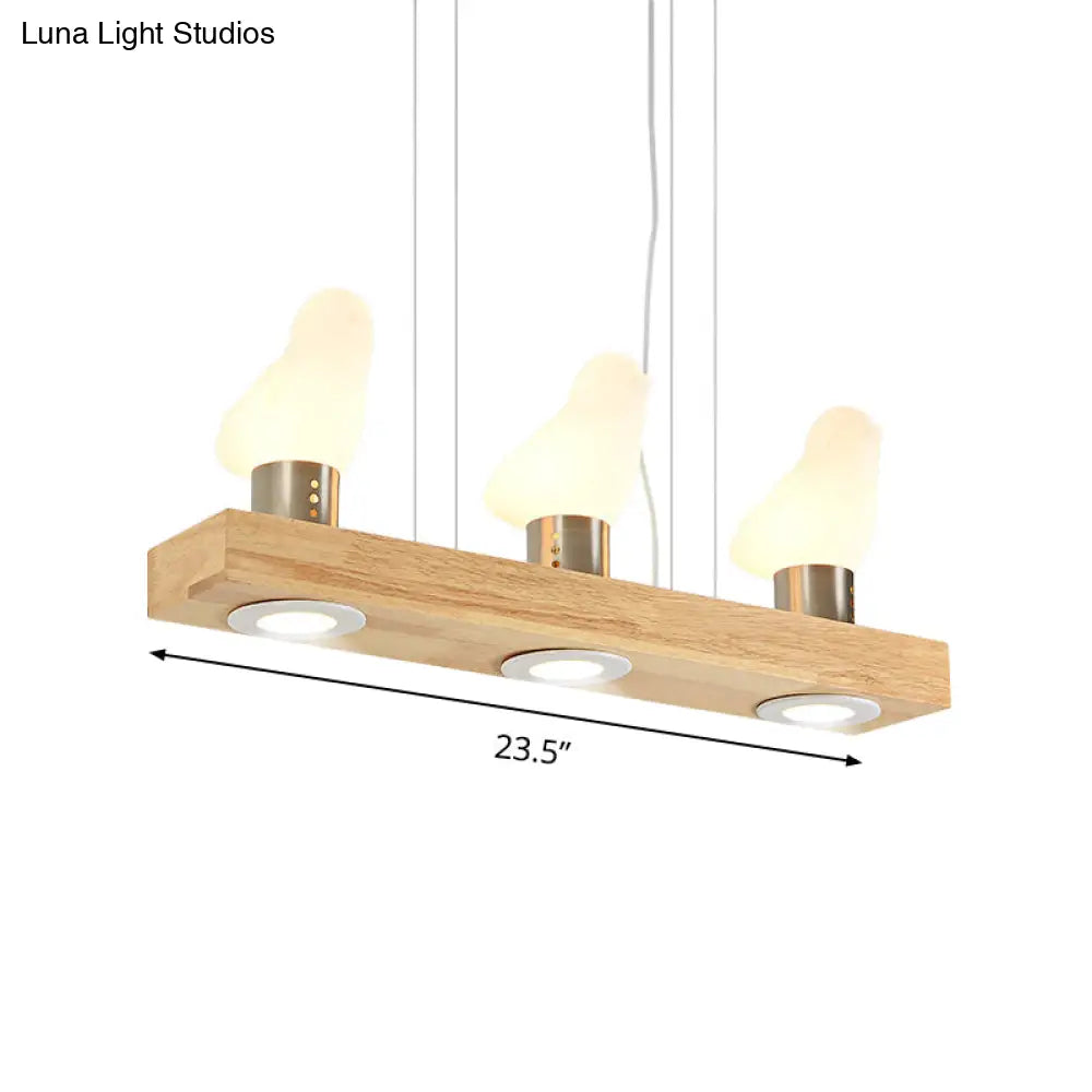 Modern Wood Island Light With White Glass Shades - Rectangular Design 3 Heads Dining Room Pendant