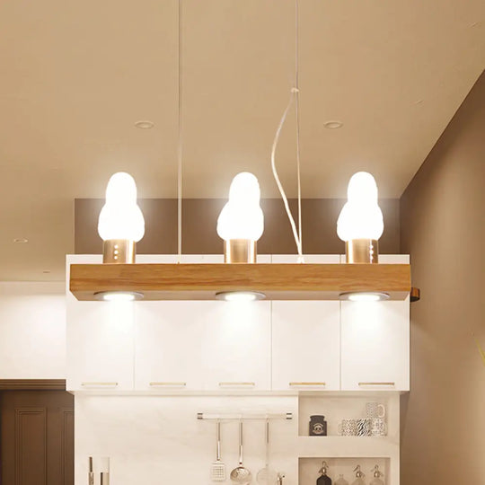 Modern Wood Island Light With White Glass Shades - Rectangular Design 3 Heads Dining Room Pendant