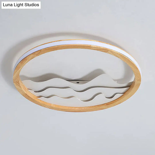 Modern Wood Led Ceiling Light With Landscape Design - 13/17 Circle Flush Mount Fixture In Beige