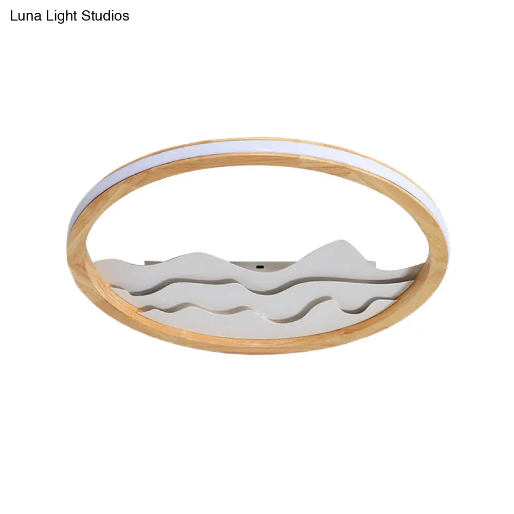 Modern Wood Led Ceiling Light With Landscape Design - 13/17 Circle Flush Mount Fixture In Beige