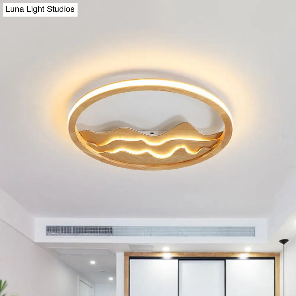 Modern Wood Led Ceiling Light With Landscape Design - 13/17 Circle Flush Mount Fixture In Beige