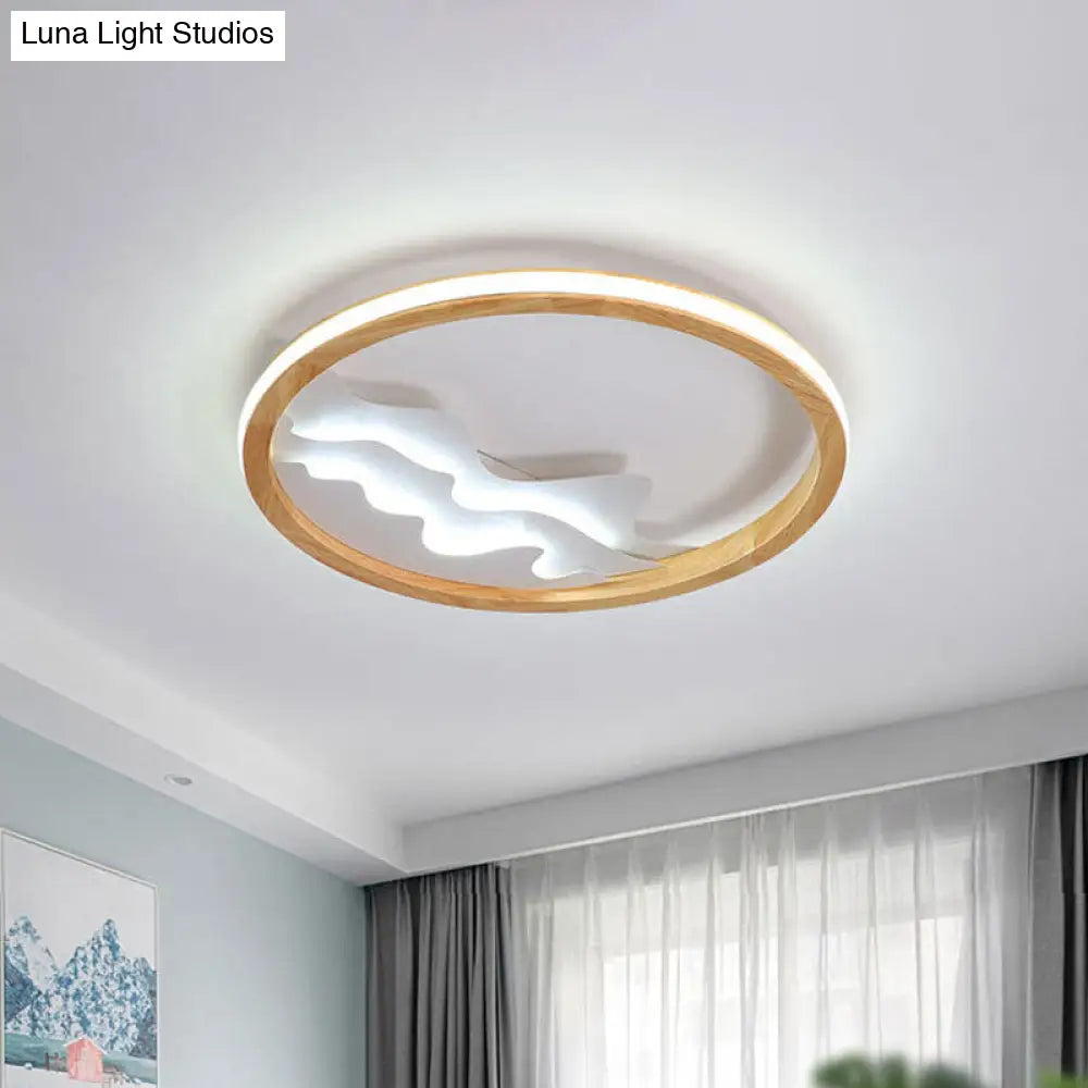 Modern Wood Led Ceiling Light With Landscape Design - 13/17 Circle Flush Mount Fixture In Beige