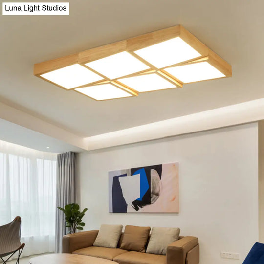 Modern Wood Led Ceiling Light With Square Acrylic Shade - Flush Mount For Living Room