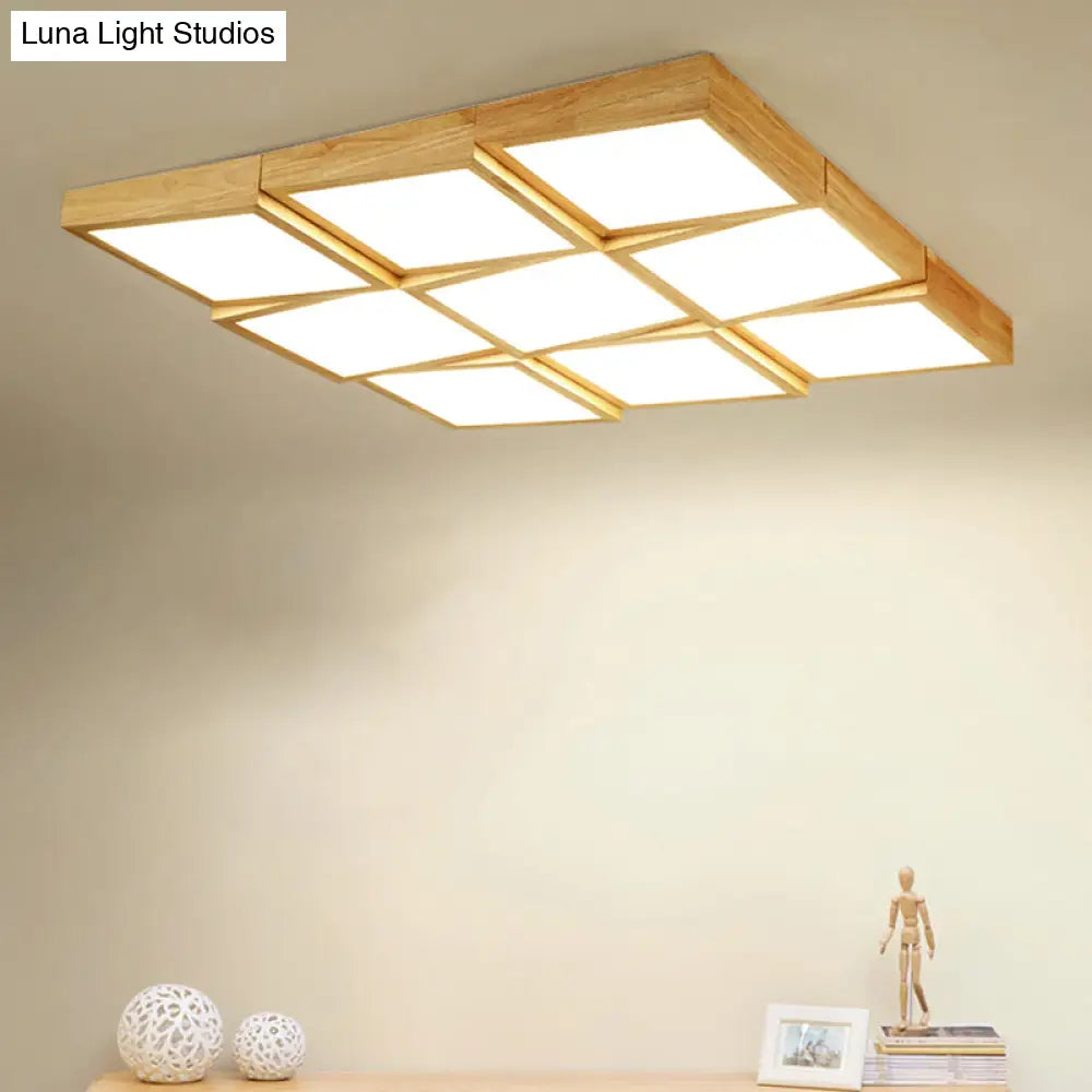 Modern Wood Led Ceiling Light With Square Acrylic Shade - Flush Mount For Living Room