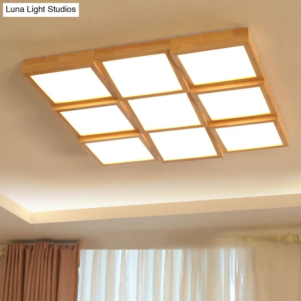 Modern Wood Led Ceiling Light With Square Acrylic Shade - Flush Mount For Living Room