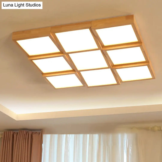 Modern Wood Led Ceiling Light With Square Acrylic Shade - Flush Mount For Living Room