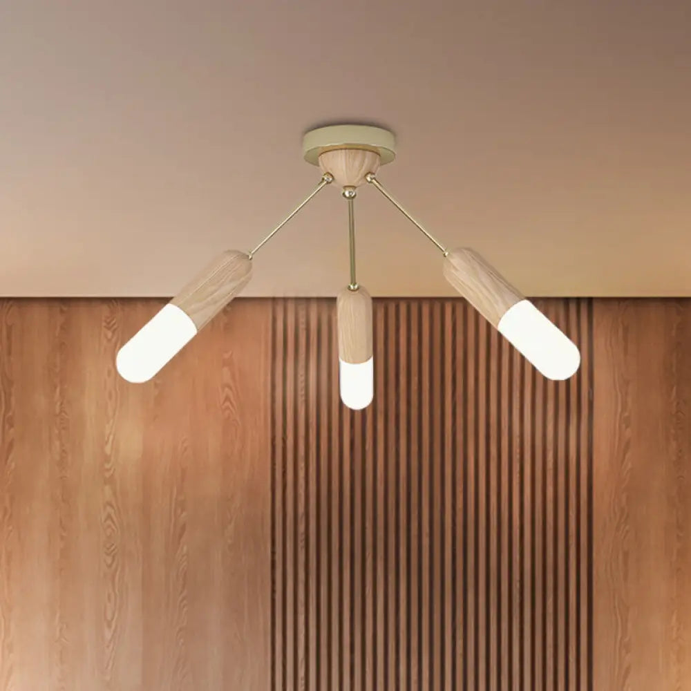 Modern Wood Led Flush Mount Ceiling Light With 3 Beige Lights