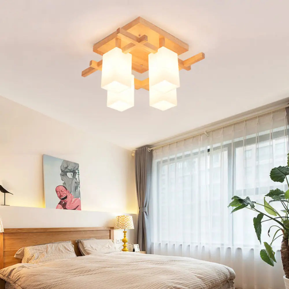 Modern Wood Living Room Semi Flush Mount Chandelier With White Glass Shade - Square Design 4 /