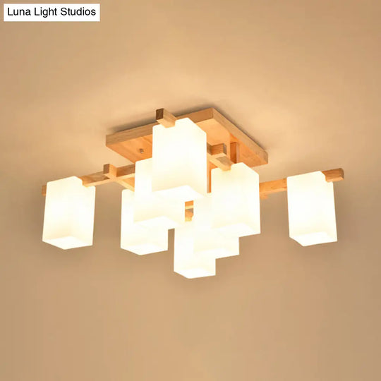 Modern Wood Living Room Semi Flush Mount Chandelier With White Glass Shade - Square Design