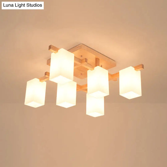 Modern Wood Living Room Semi Flush Mount Chandelier With White Glass Shade - Square Design