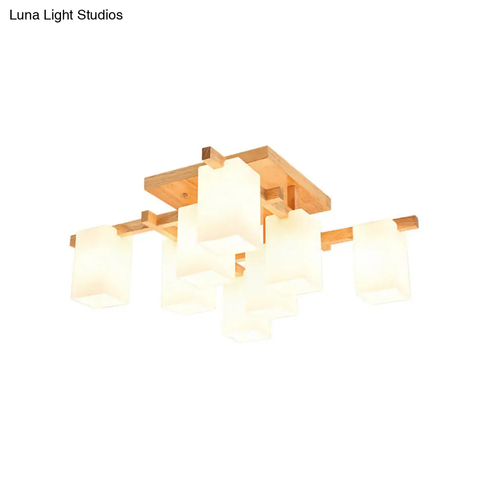 Modern Wood Semi-Flush Ceiling Light With Square Design And Rectangle White Glass Shade