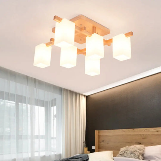 Modern Wood Living Room Semi Flush Mount Chandelier With White Glass Shade - Square Design 6 /