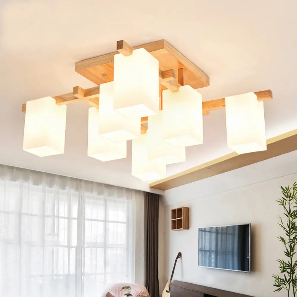 Modern Wood Living Room Semi Flush Mount Chandelier With White Glass Shade - Square Design 8 /