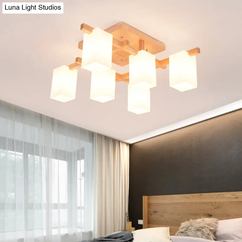 Modern Wood Semi-Flush Ceiling Light With Square Design And Rectangle White Glass Shade 6 /