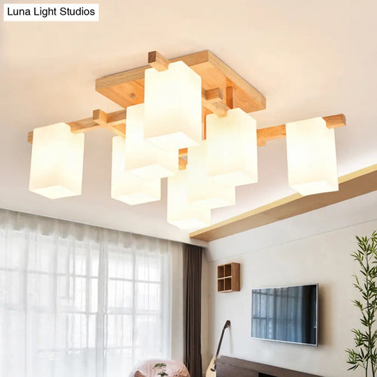 Modern Wood Semi-Flush Ceiling Light With Square Design And Rectangle White Glass Shade 8 /