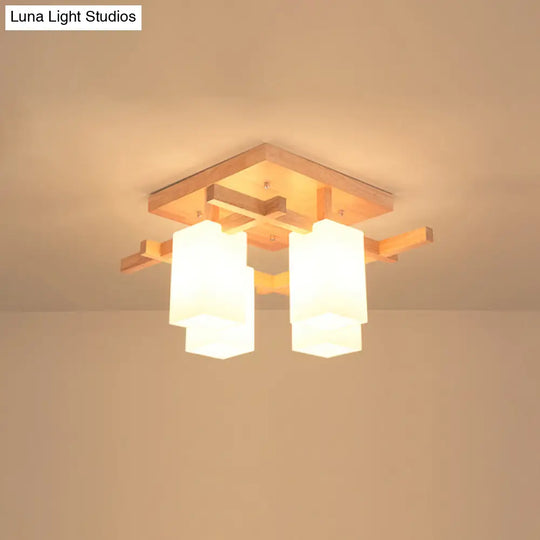Modern Wood Semi-Flush Ceiling Light With Square Design And Rectangle White Glass Shade
