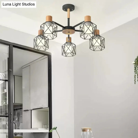 Modern Wood & Metal Chandelier For Villa And Restaurant - Wire Frame Hanging Light