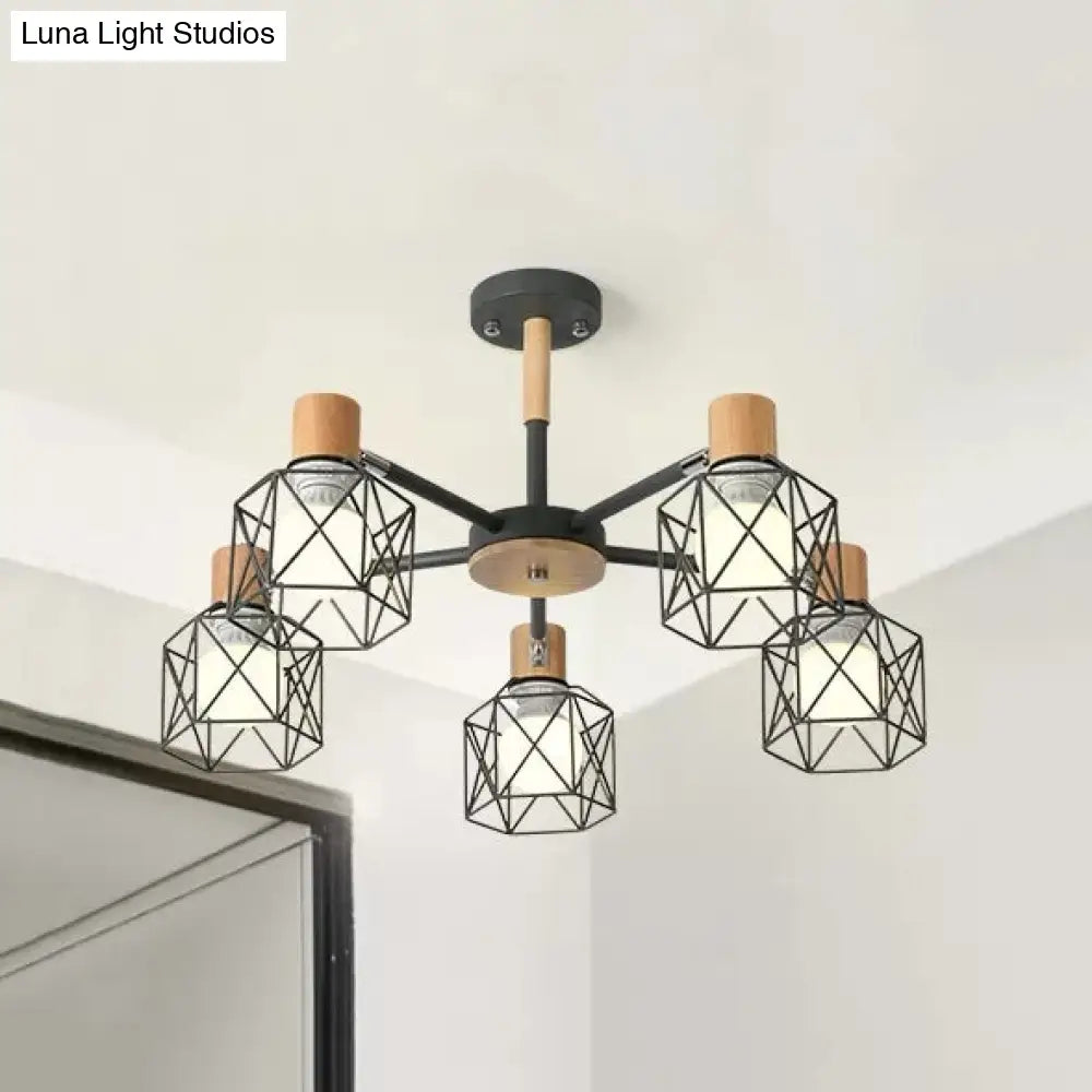 Modern Wood & Metal Chandelier For Villa And Restaurant - Wire Frame Hanging Light