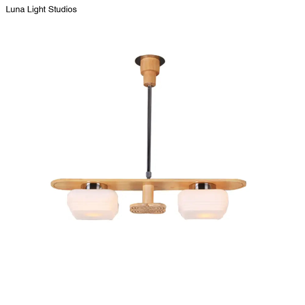 Modern Wood Pendant Chandelier With 2 Square Cream Glass Shades For Dining Room Ceiling