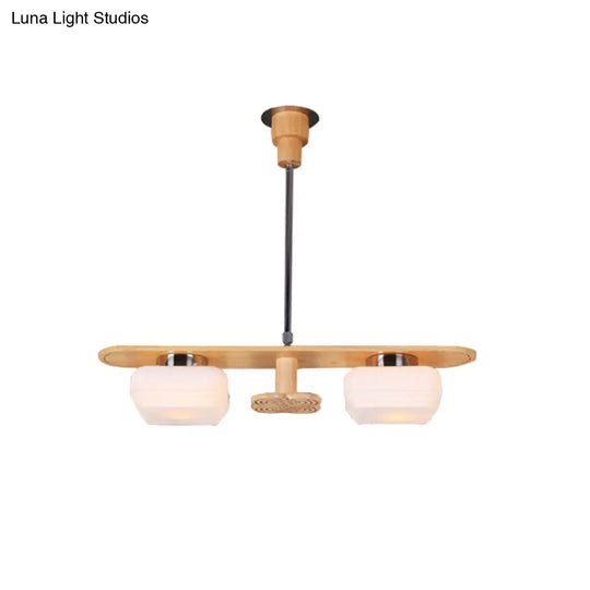 Modernist Wood Pendant Chandelier With Rectangular Frame 2 Lights Square Cream Glass Shade - Ideal