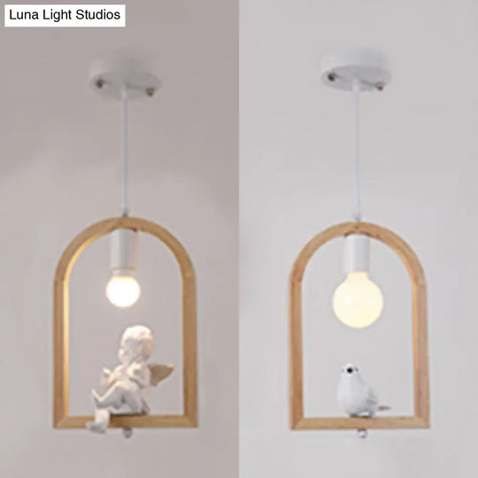 Modern Wood Pendant Lamp With Arch Shelf And Hanging Light In Beige