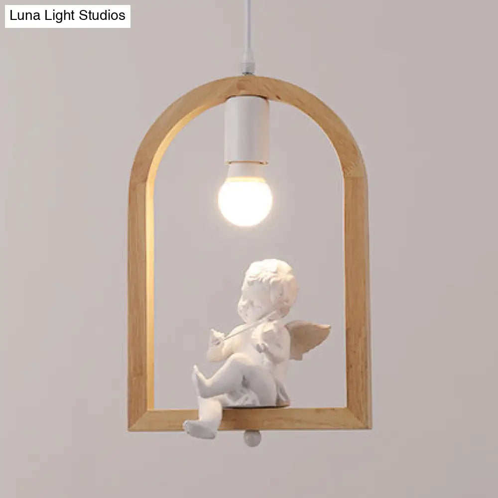 Modern Pigeon Deco Wood Pendant Lamp: Arch Shelf Stairway Hanging Light In Beige / Angel