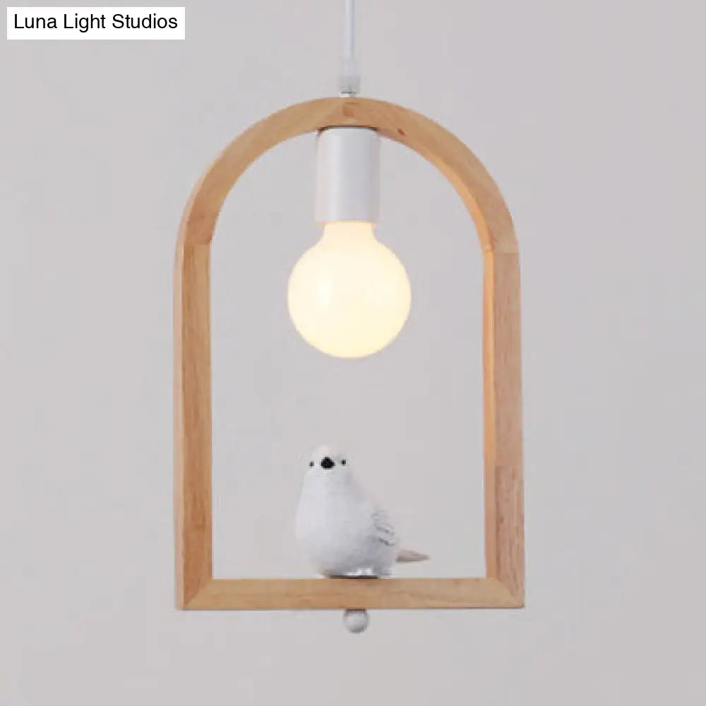 Modern Pigeon Deco Wood Pendant Lamp: Arch Shelf Stairway Hanging Light In Beige / Bird