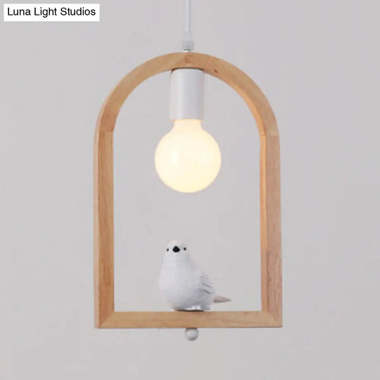 Modern Pigeon Deco Wood Pendant Lamp: Arch Shelf Stairway Hanging Light In Beige / Bird