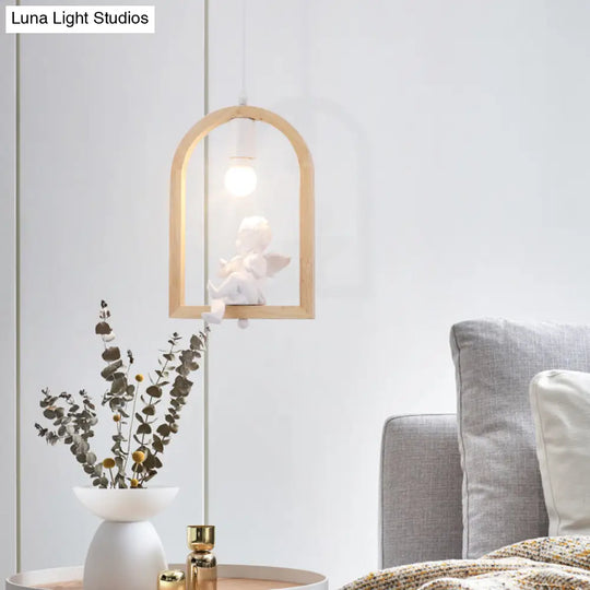 Modern Wood Pendant Lamp With Arch Shelf And Hanging Light In Beige