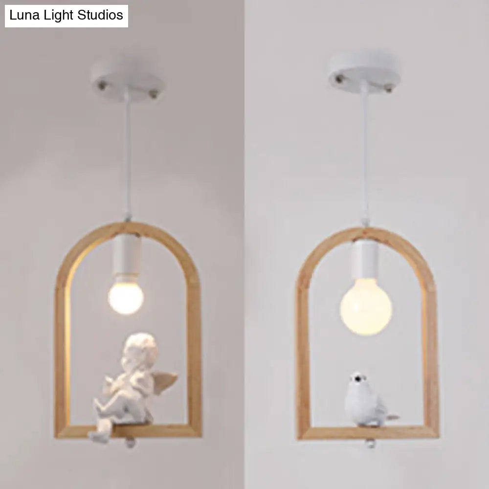 Modern Pigeon Deco Wood Pendant Lamp: Arch Shelf Stairway Hanging Light In Beige