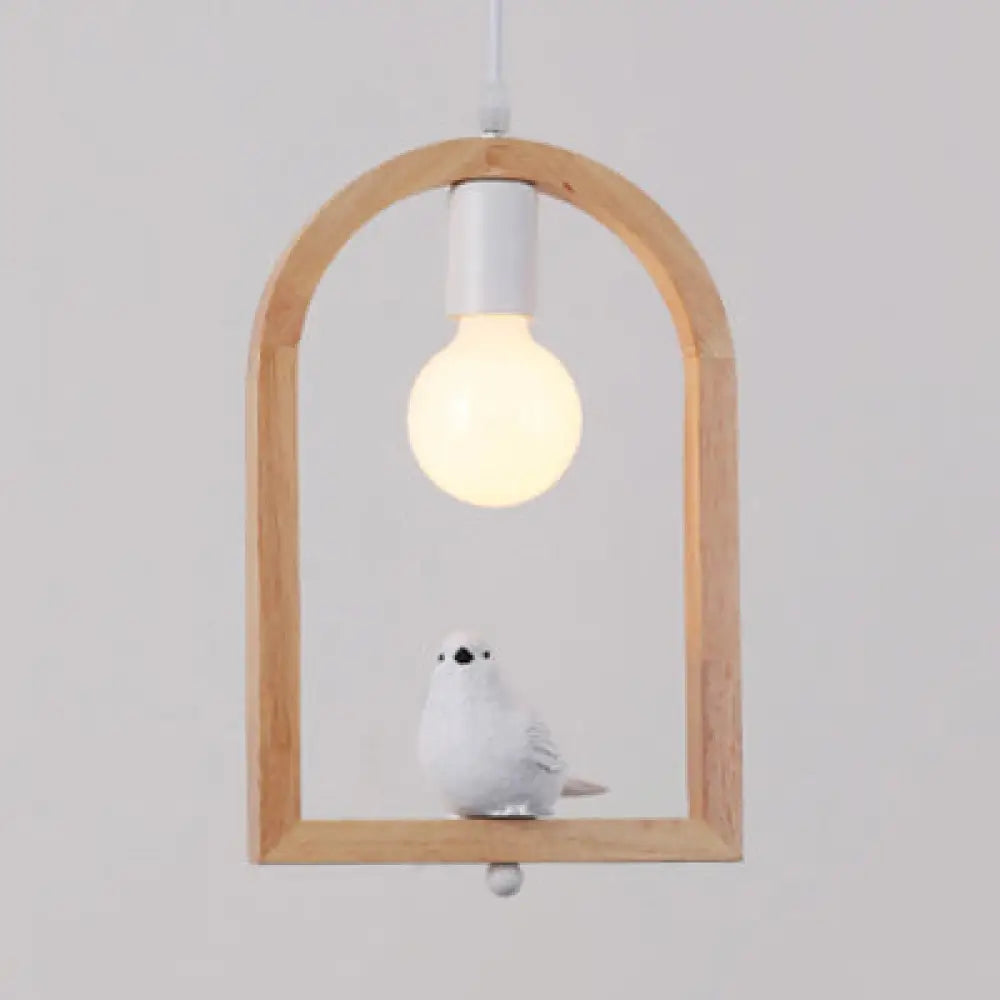 Modern Wood Pendant Lamp With Arch Shelf And Hanging Light In Beige / Bird