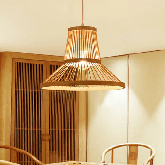 Modern Wood Pendant Lamp With Bamboo Cone Shade For Living Room