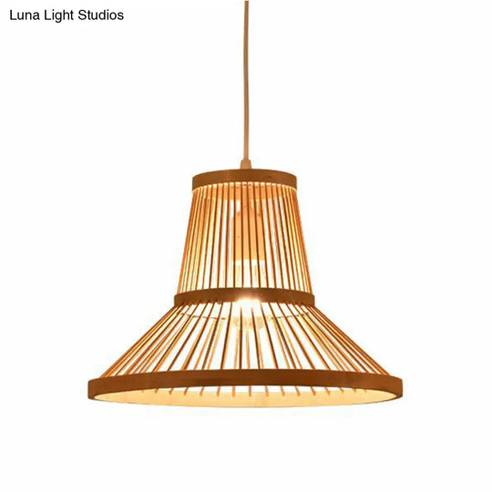 Modern Wood Pendant Lamp With Bamboo Cone Shade For Living Room